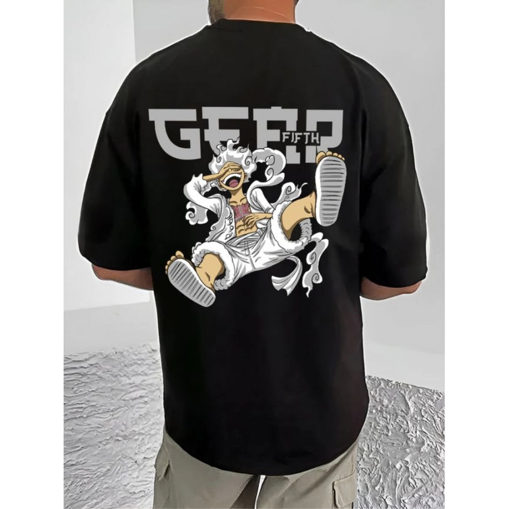 Amfyn Men's Casual Cotton Blend Printed Round Neck Half Sleeve T-Shirt (Black)