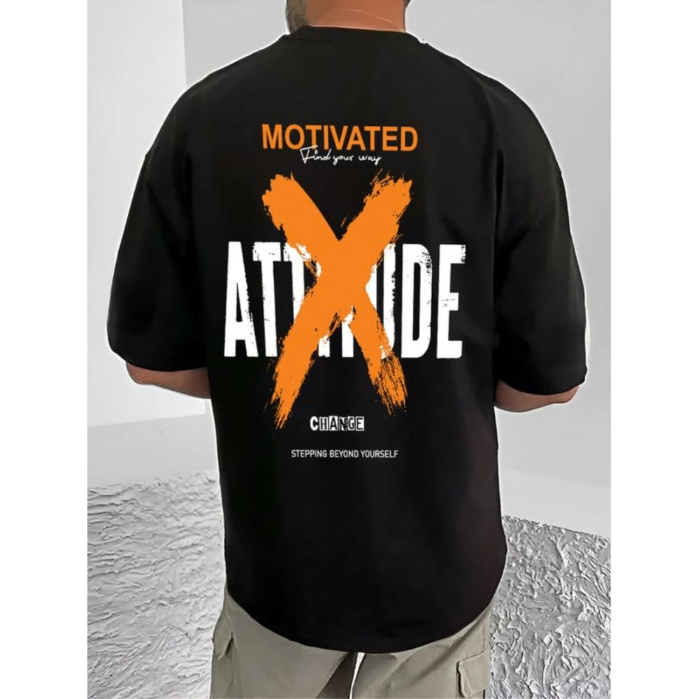 Amfyn Men's Casual Cotton Blend Printed Round Neck Half Sleeve T-Shirt (Black)