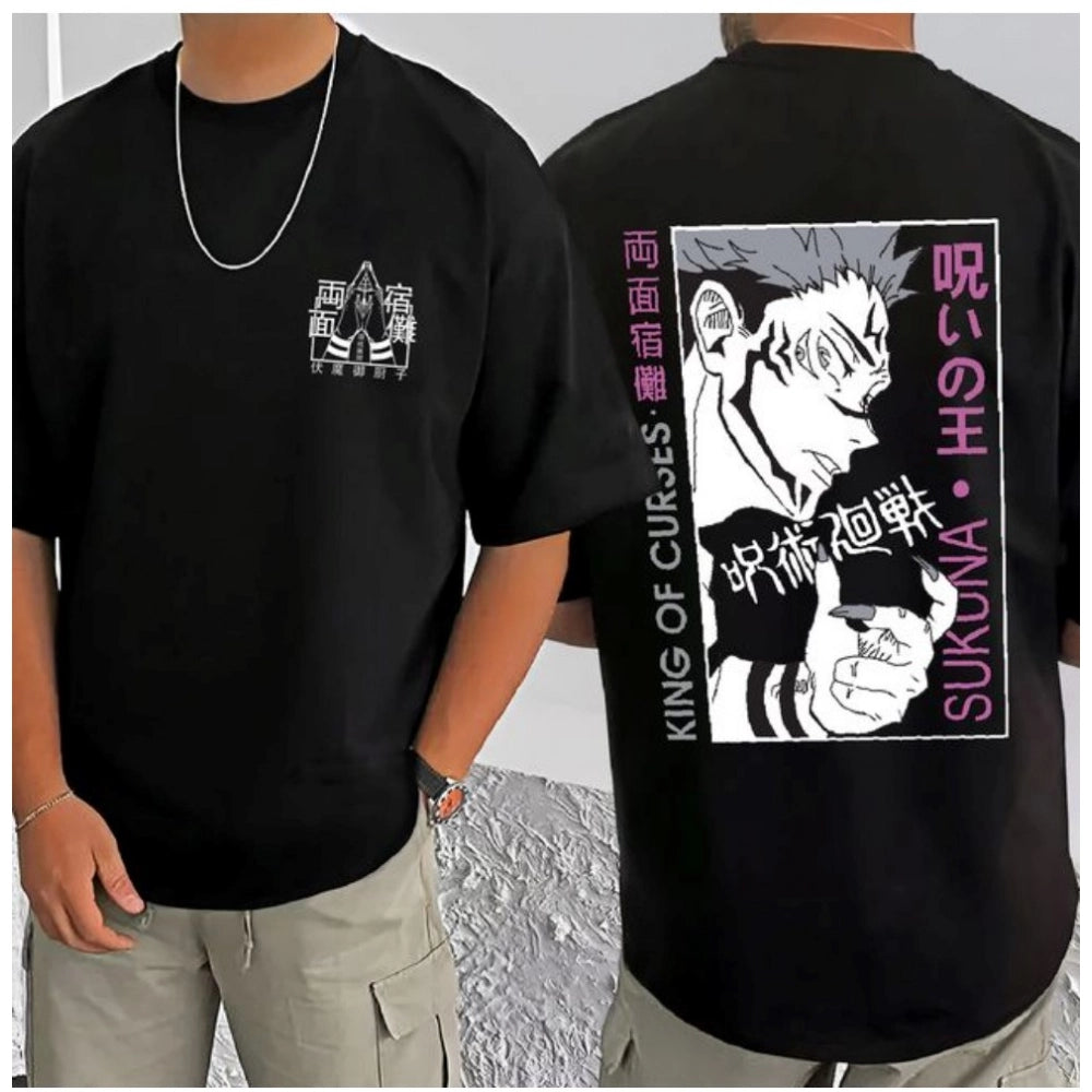 Amfyn Men's Casual Cotton Blend Printed Round Neck Half Sleeve T-Shirt (Black)