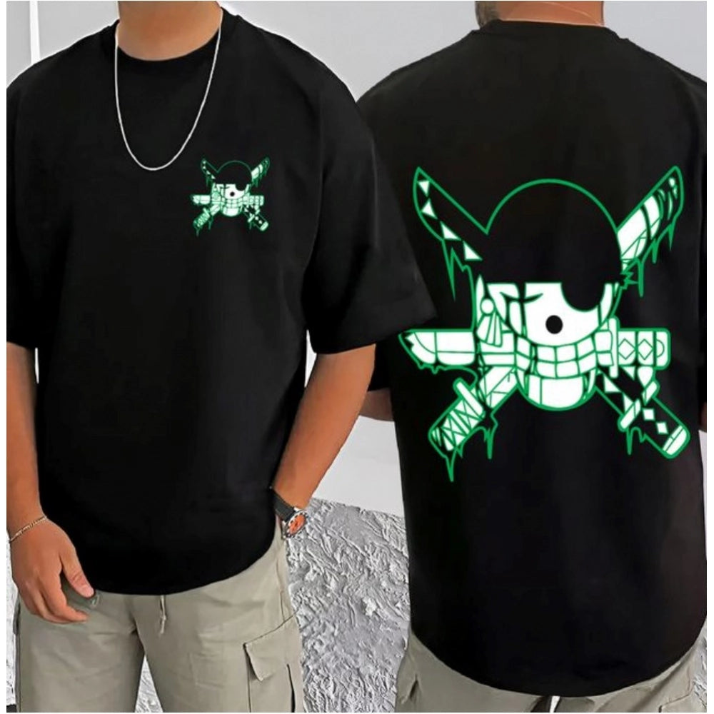 Amfyn Men's Casual Cotton Blend Printed Round Neck Half Sleeve T-Shirt (Black)