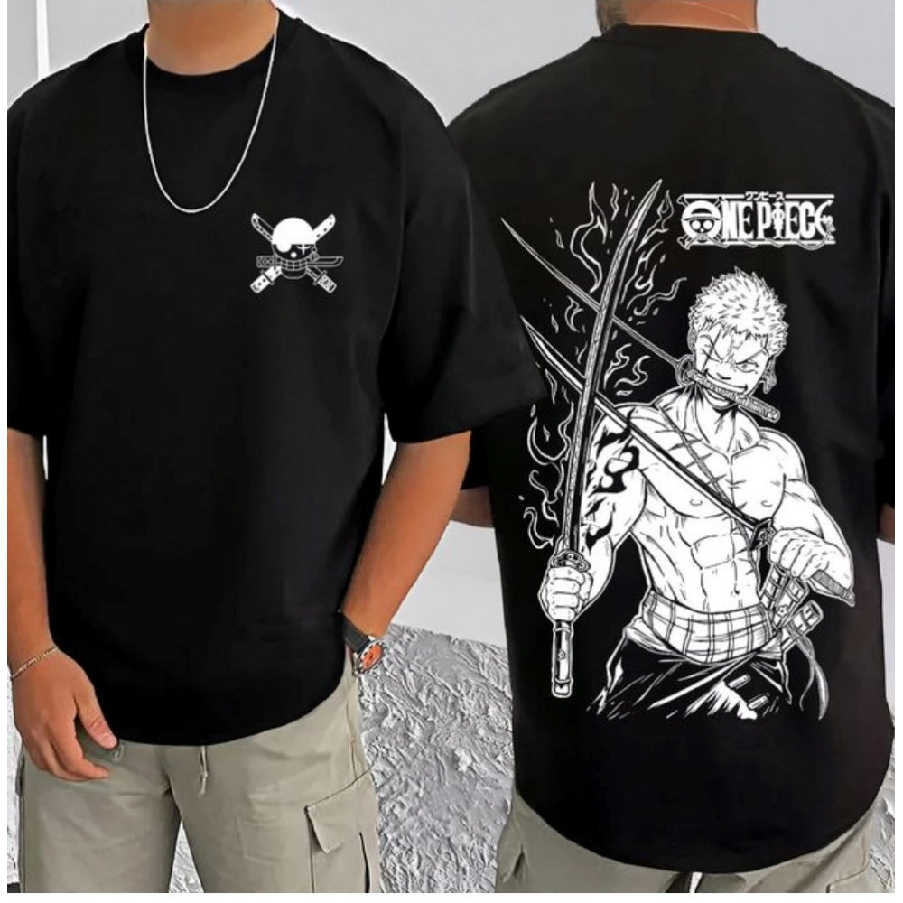 Amfyn Men's Casual Cotton Blend Printed Round Neck Half Sleeve T-Shirt (Black)