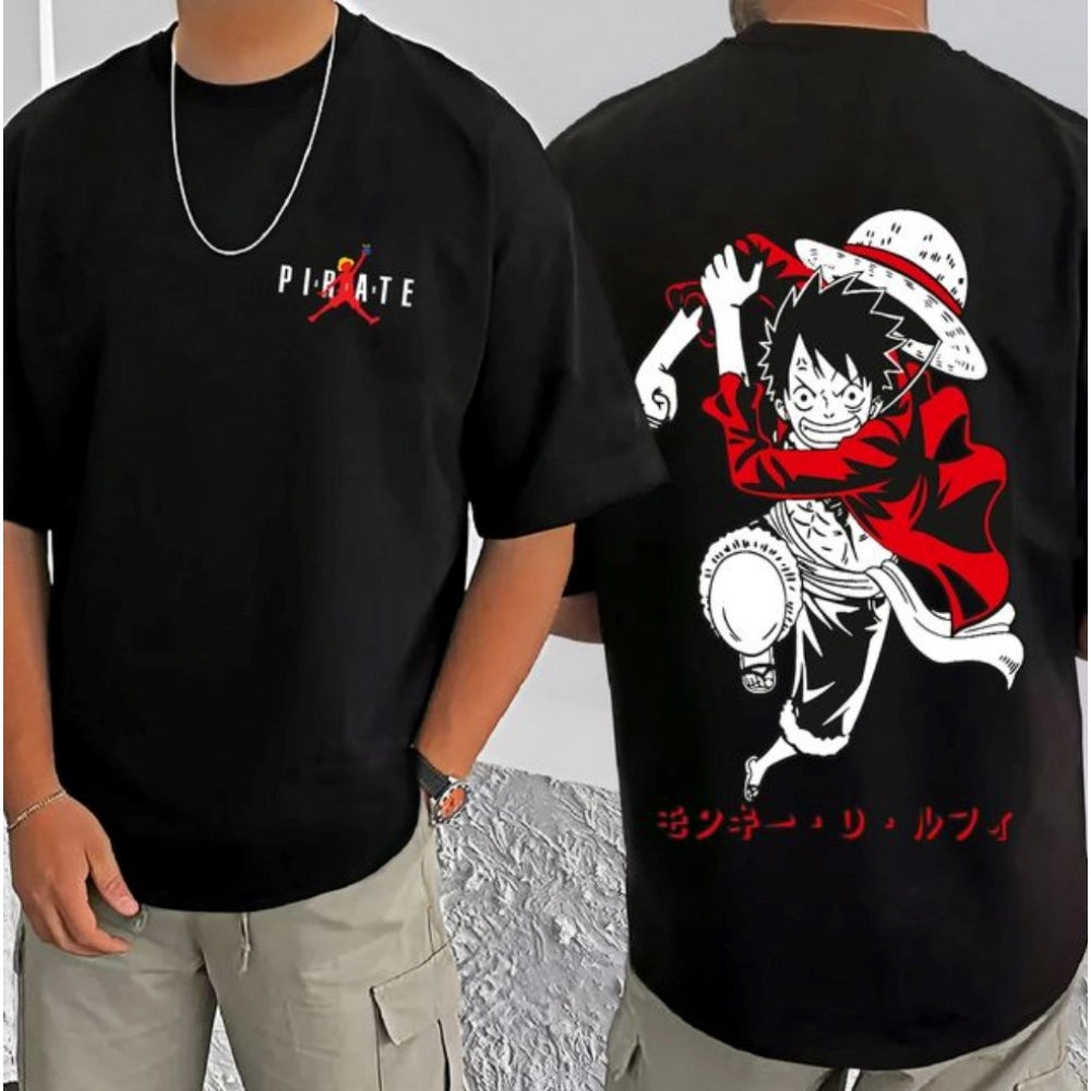 Amfyn Men's Casual Cotton Blend Printed Round Neck Half Sleeve T-Shirt (Black)