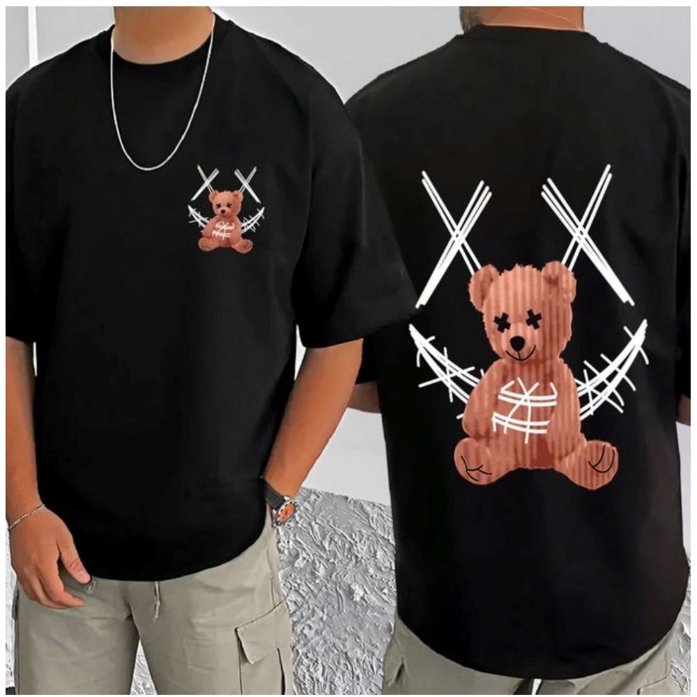 Amfyn Men's Casual Cotton Blend Printed Round Neck Half Sleeve T-Shirt (Black)