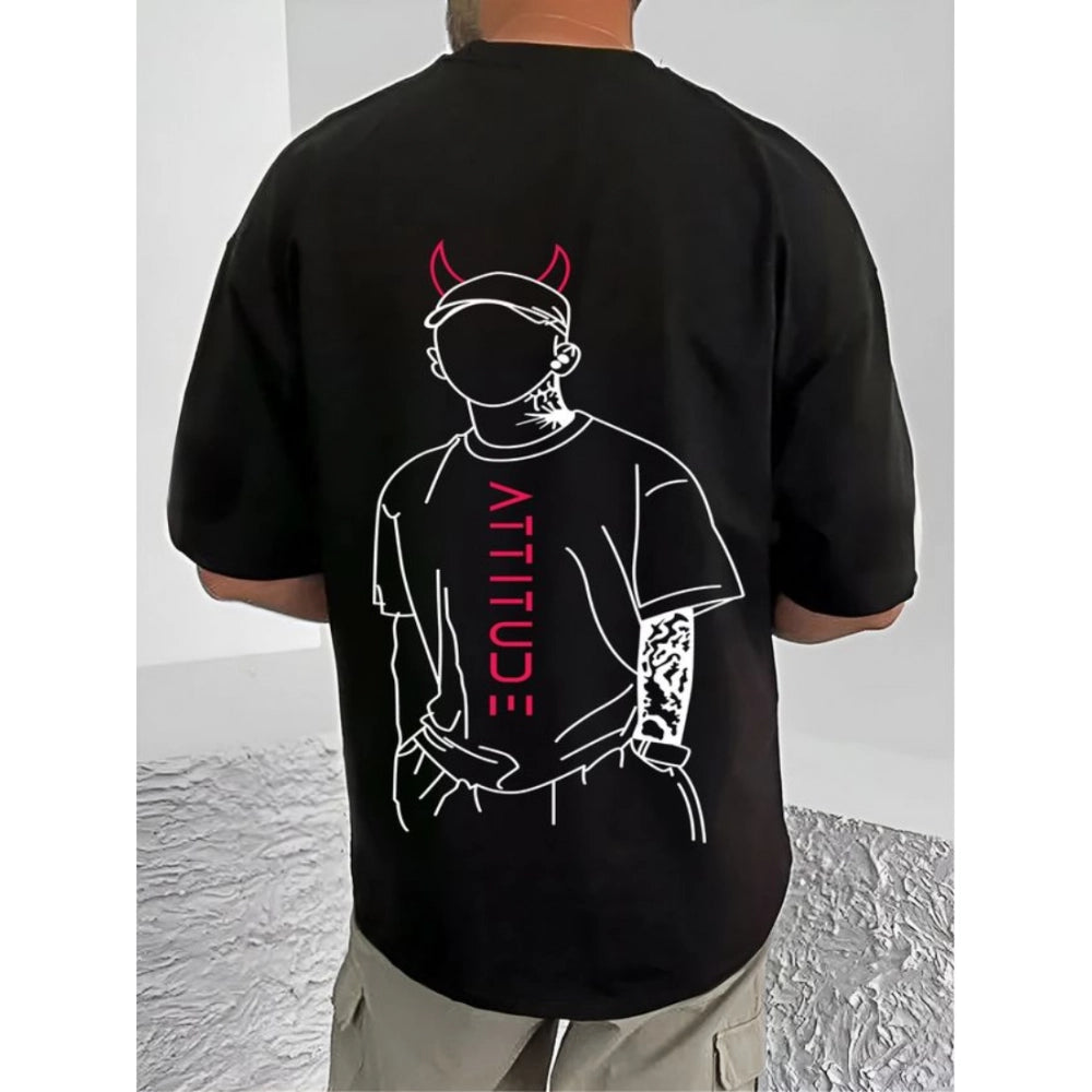 Amfyn Men's Casual Cotton Blend Printed Round Neck Half Sleeve T-Shirt (Black)