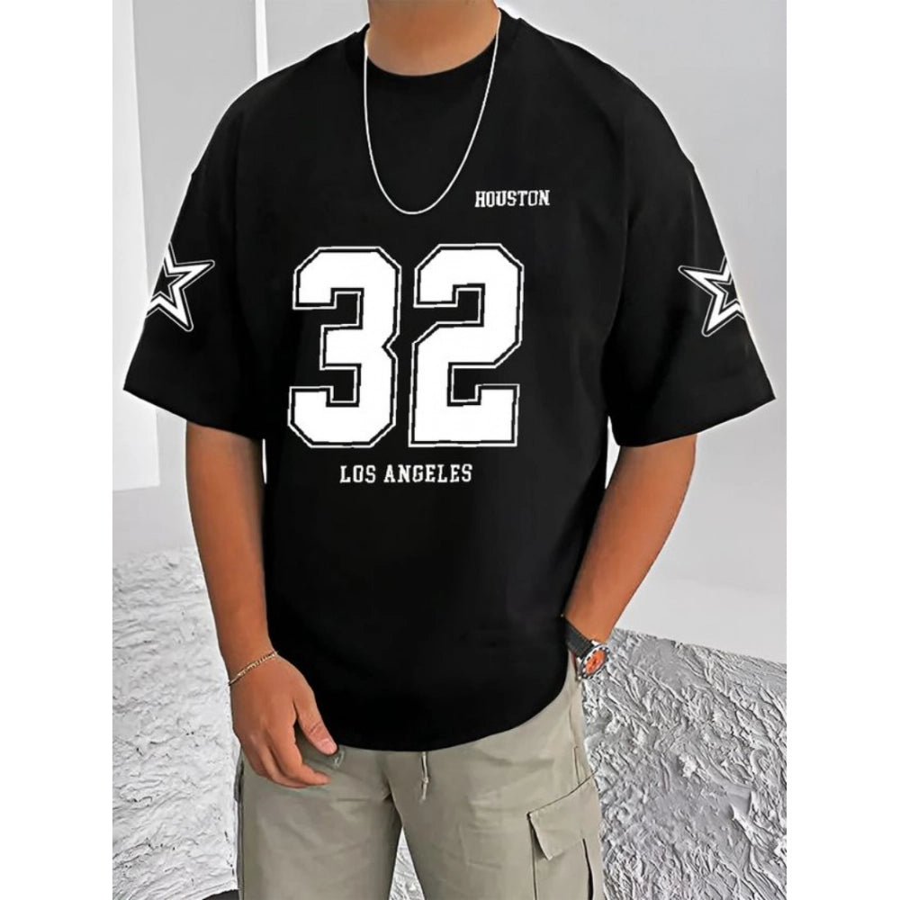 Amfyn Men's Casual Cotton Blend Printed Round Neck Half Sleeve T-Shirt (Black)