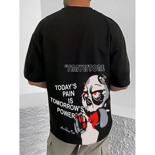 Amfyn Men's Casual Cotton Blend Printed Round Neck Half Sleeve T-Shirt (Black)