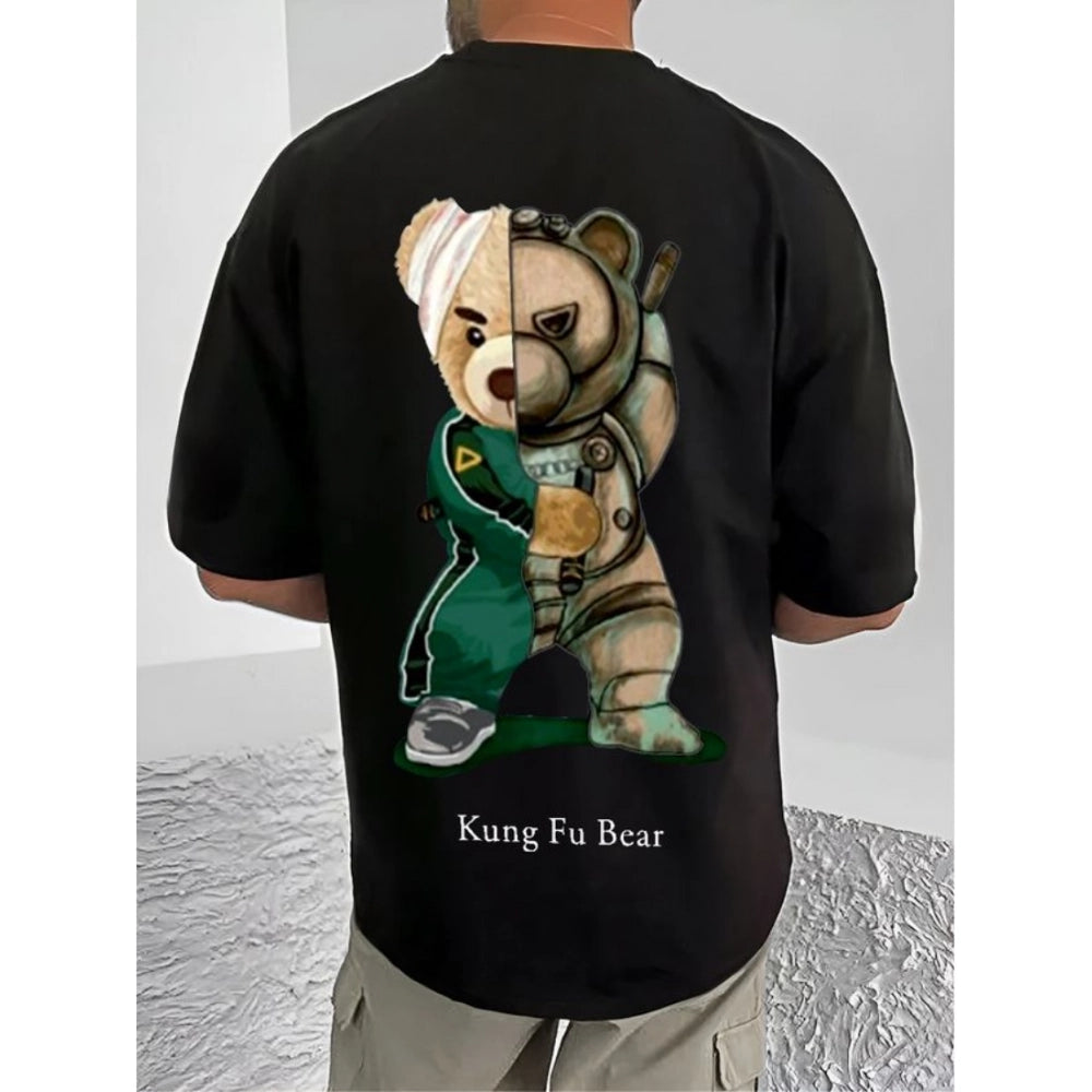 Amfyn Men's Casual Cotton Blend Printed Round Neck Half Sleeve T-Shirt (Black)