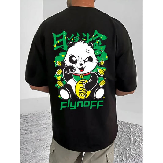 Amfyn Men's Casual Cotton Blend Printed Round Neck Half Sleeve T-Shirt (Black)