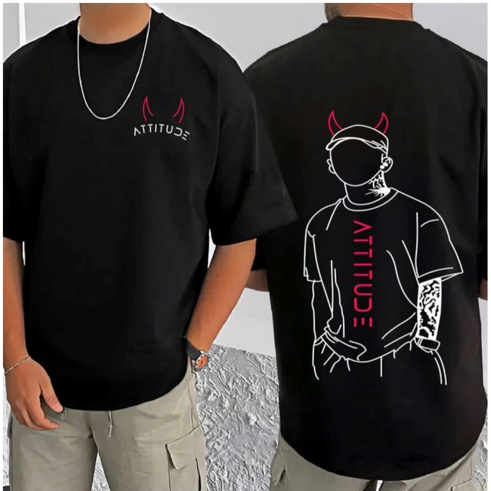 Amfyn Men's Casual Cotton Blend Printed Round Neck Half Sleeve T-Shirt (Black)