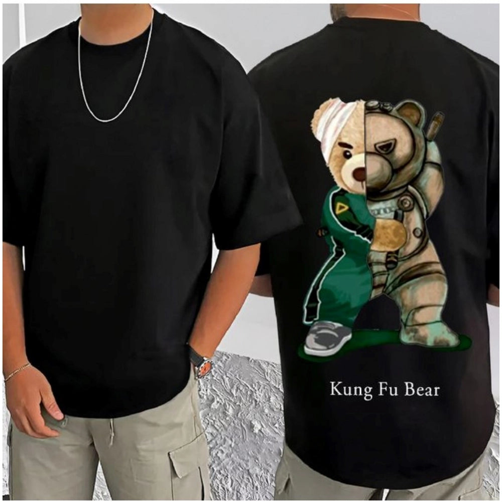 Amfyn Men's Casual Cotton Blend Printed Round Neck Half Sleeve T-Shirt (Black)