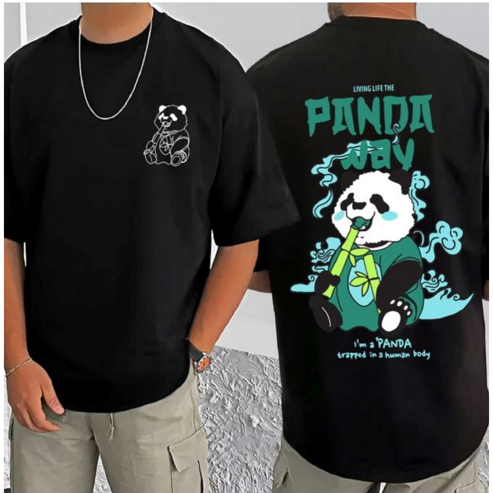 Amfyn Men's Casual Cotton Blend Printed Round Neck Half Sleeve T-Shirt (Black)