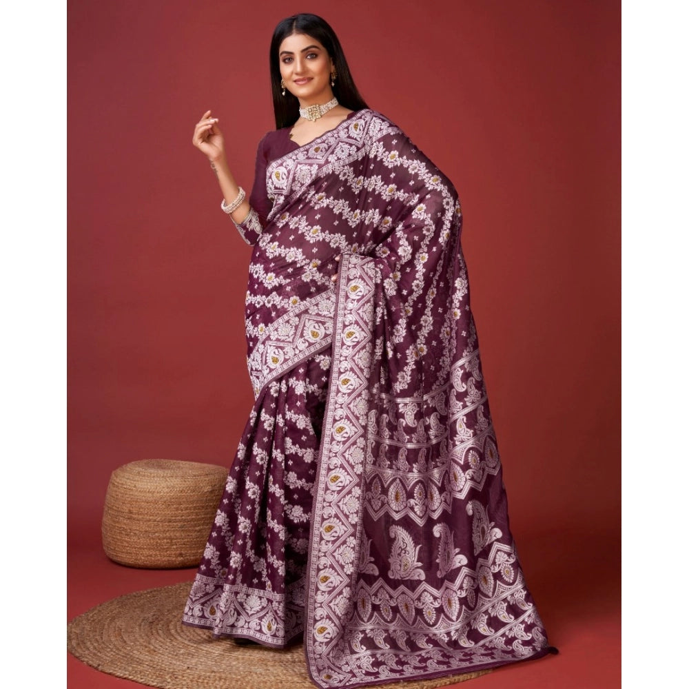 Amfyn Women's Cotton Silk Printed Saree With Unstitched Blouse 5.5Mtr (Purple)