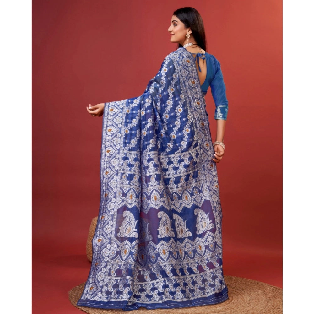 Amfyn Women's Cotton Silk Printed Saree With Unstitched Blouse 5.5Mtr (Blue)