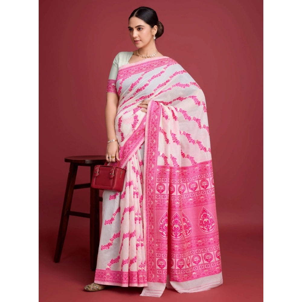 Amfyn Women's Jamdani Cotton Silk Printed Saree With Unstitched Blouse 5.5Mtr (Pink)