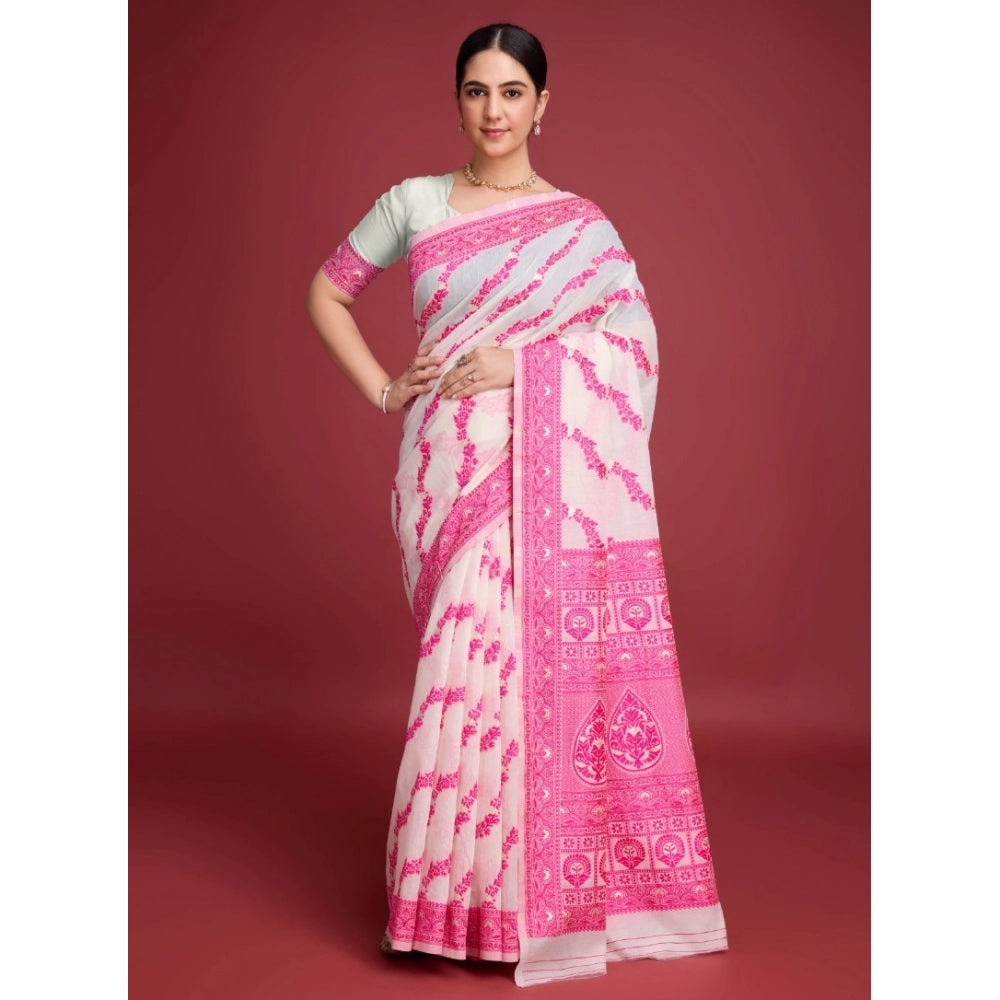 Amfyn Women's Jamdani Cotton Silk Printed Saree With Unstitched Blouse 5.5Mtr (Pink)