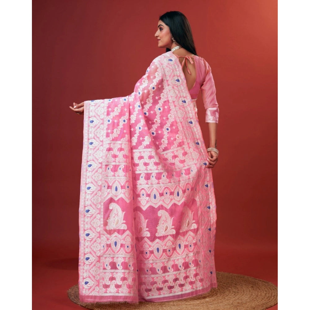 Amfyn Women's Cotton Silk Printed Saree With Unstitched Blouse 5.5Mtr (Pink)