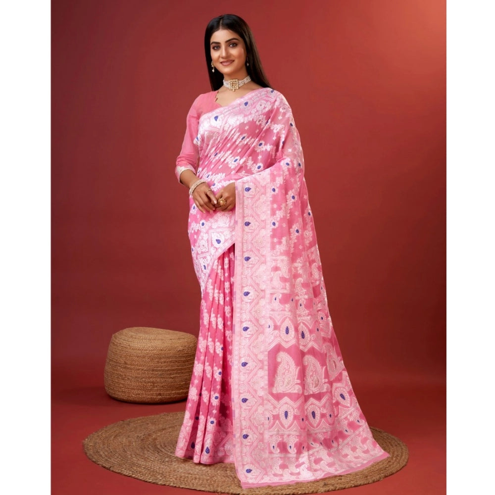 Amfyn Women's Cotton Silk Printed Saree With Unstitched Blouse 5.5Mtr (Pink)