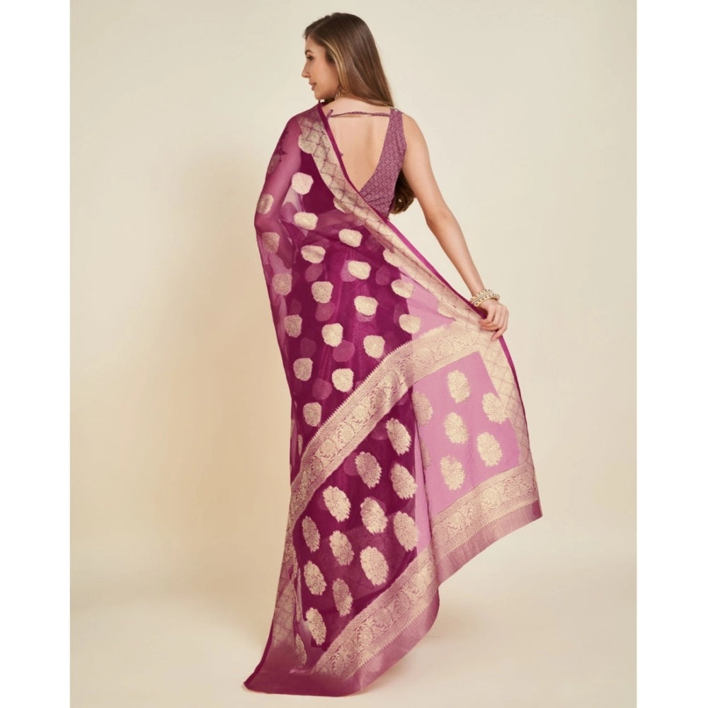 Amfyn Women's Soft Organza Silk Weaving Design Saree With Unstitched Blouse 5.5Mtr (Wine)