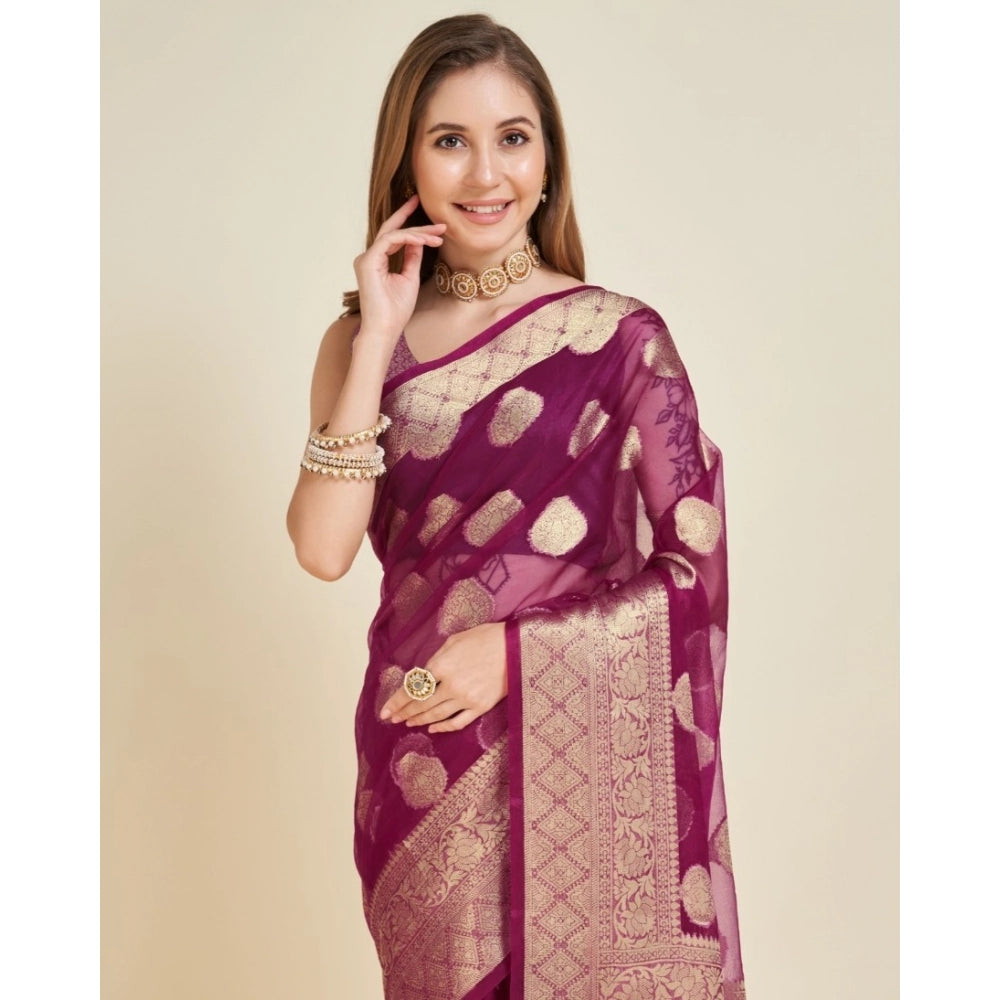 Amfyn Women's Soft Organza Silk Weaving Design Saree With Unstitched Blouse 5.5Mtr (Wine)