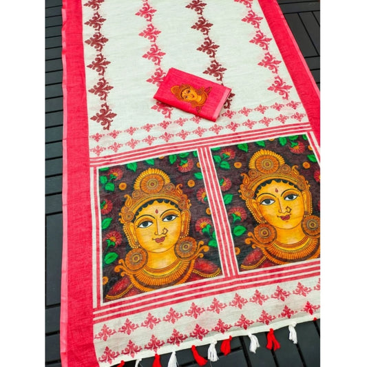 Amfyn Women's linen Digital Print Saree With Unstitched Blouse 5.5Mtr (White)