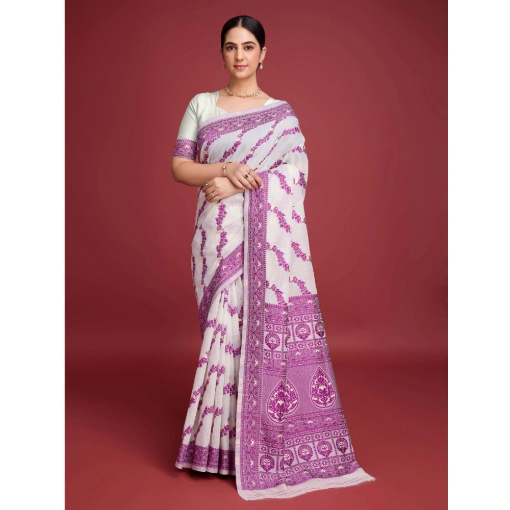 Amfyn Women's Jamdani Cotton Silk Printed Saree With Unstitched Blouse 5.5Mtr (Wine)