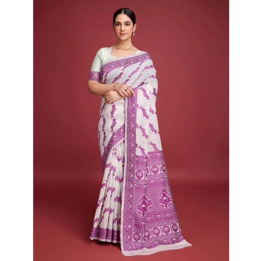 Amfyn Women's Jamdani Cotton Silk Printed Saree With Unstitched Blouse 5.5Mtr (Wine)