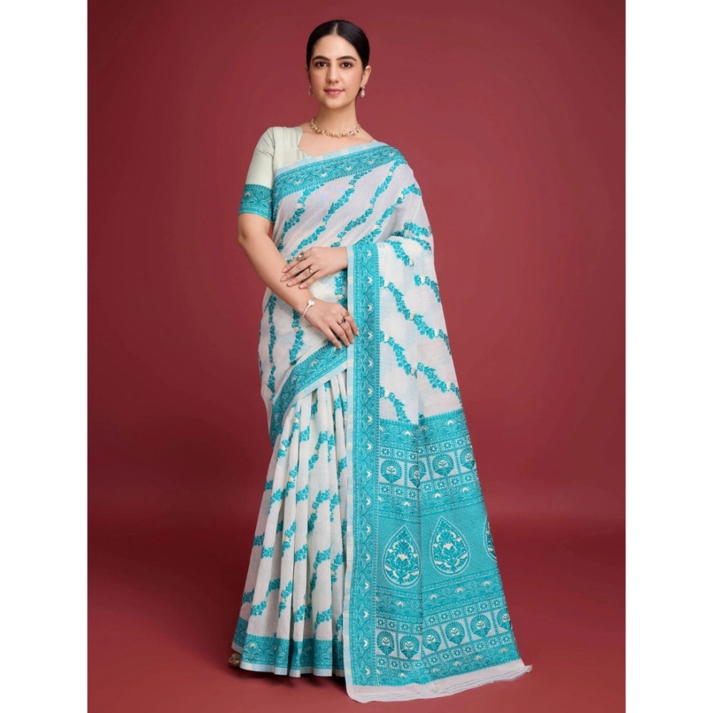 Amfyn Women's Jamdani Cotton Silk Printed Saree With Unstitched Blouse 5.5Mtr (Rama)