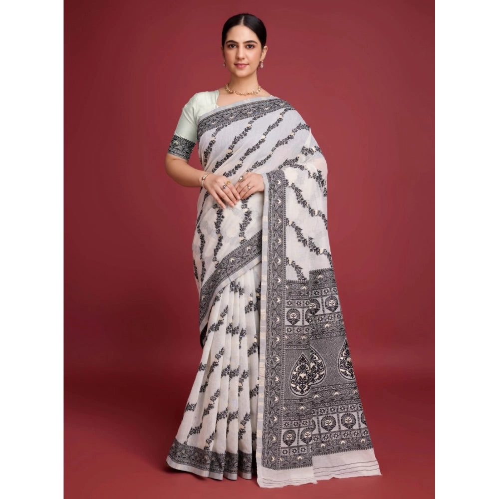 Amfyn Women's Jamdani Cotton Silk Printed Saree With Unstitched Blouse 5.5Mtr (Black)