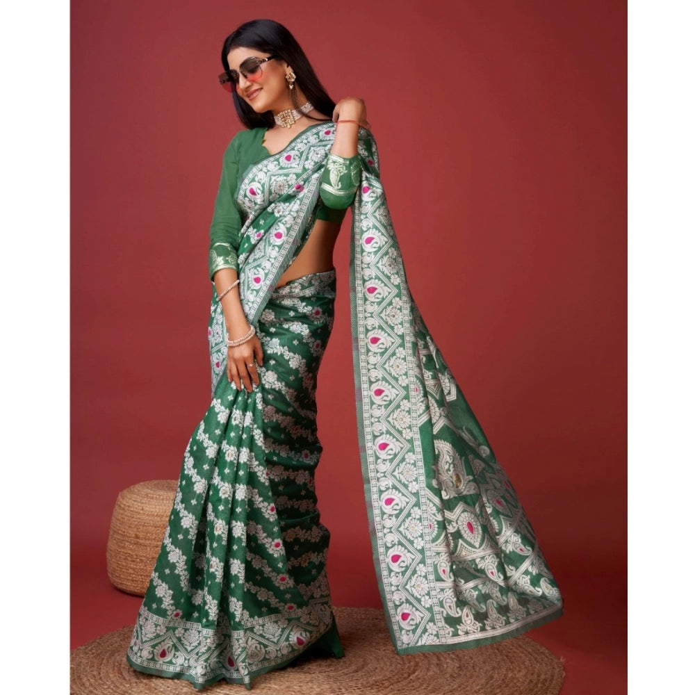 Amfyn Women's Cotton Silk Printed Saree With Unstitched Blouse 5.5Mtr (Green)