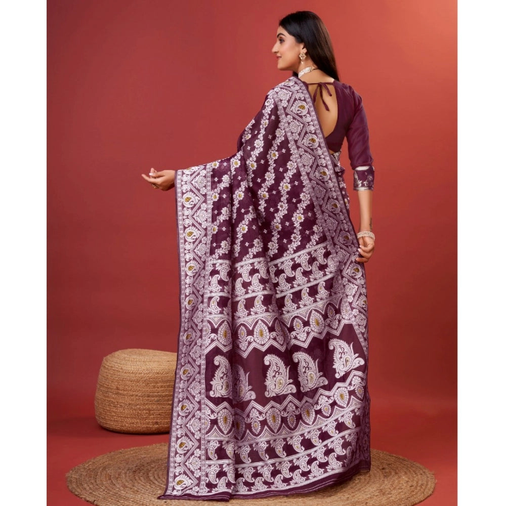 Amfyn Women's Cotton Silk Printed Saree With Unstitched Blouse 5.5Mtr (Purple)