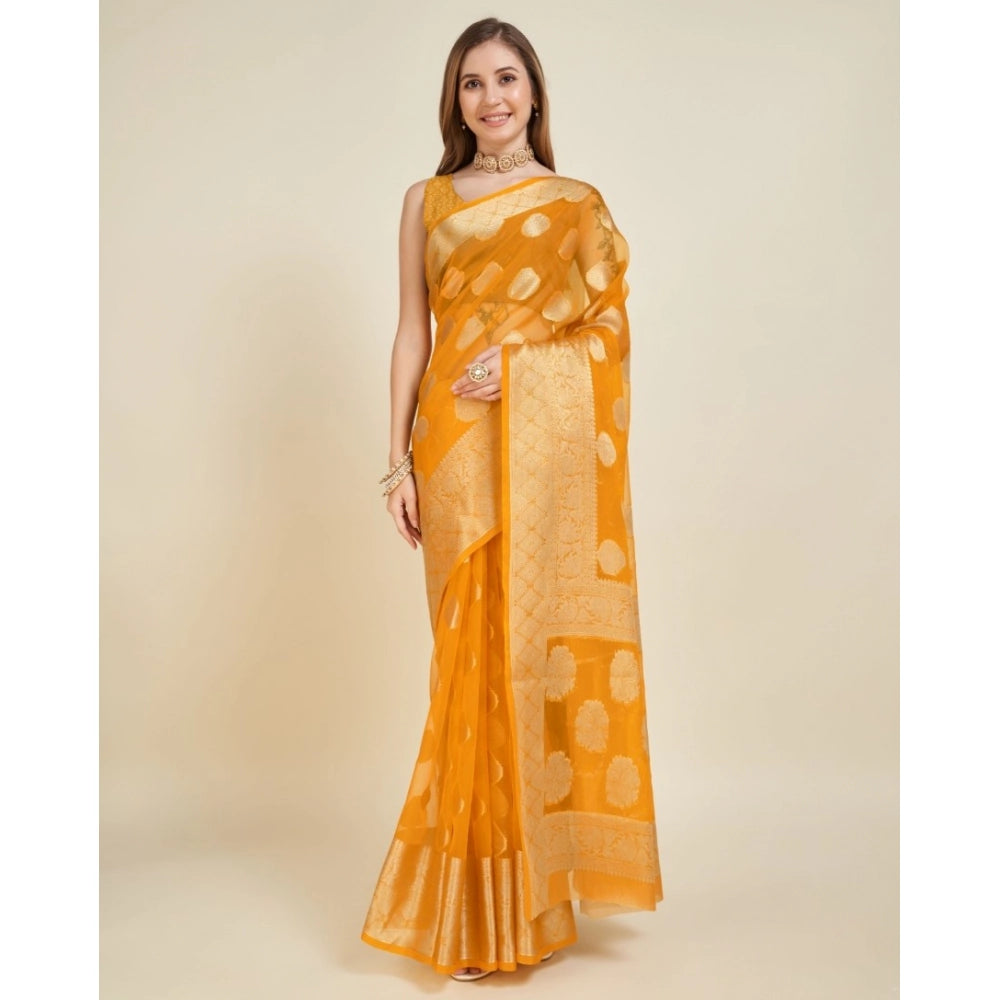 Amfyn Women's Soft Organza Silk Weaving Design Saree With Unstitched Blouse 5.5Mtr (Yellow)