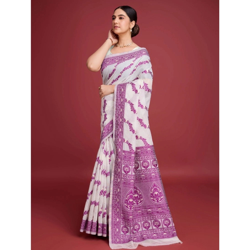 Amfyn Women's Jamdani Cotton Silk Printed Saree With Unstitched Blouse 5.5Mtr (Wine)