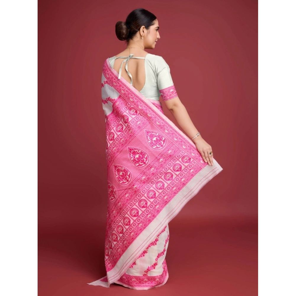 Amfyn Women's Jamdani Cotton Silk Printed Saree With Unstitched Blouse 5.5Mtr (Pink)