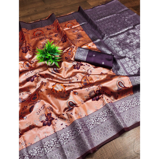 Amfyn Women's Banarasi Jacquard Printed Saree With Unstitched Blouse 5.5Mtr (Orange)