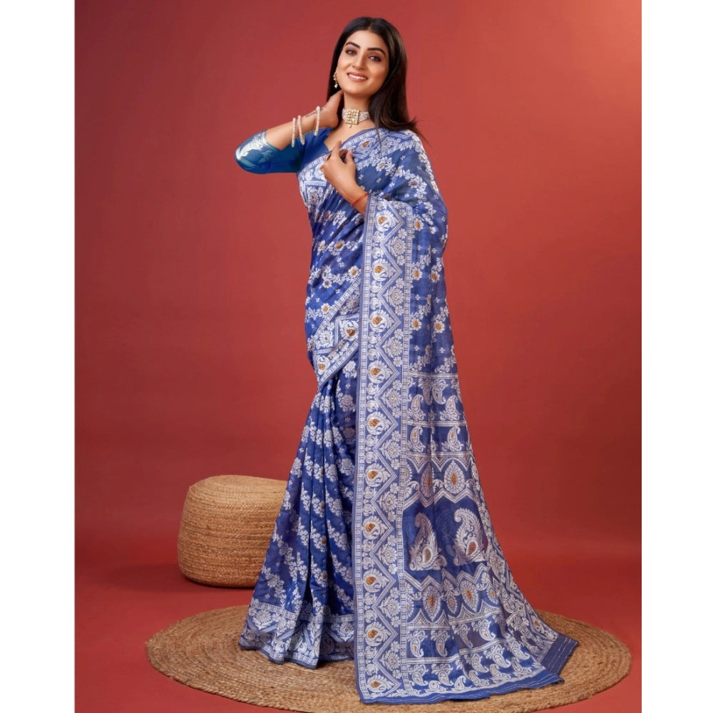 Amfyn Women's Cotton Silk Printed Saree With Unstitched Blouse 5.5Mtr (Blue)