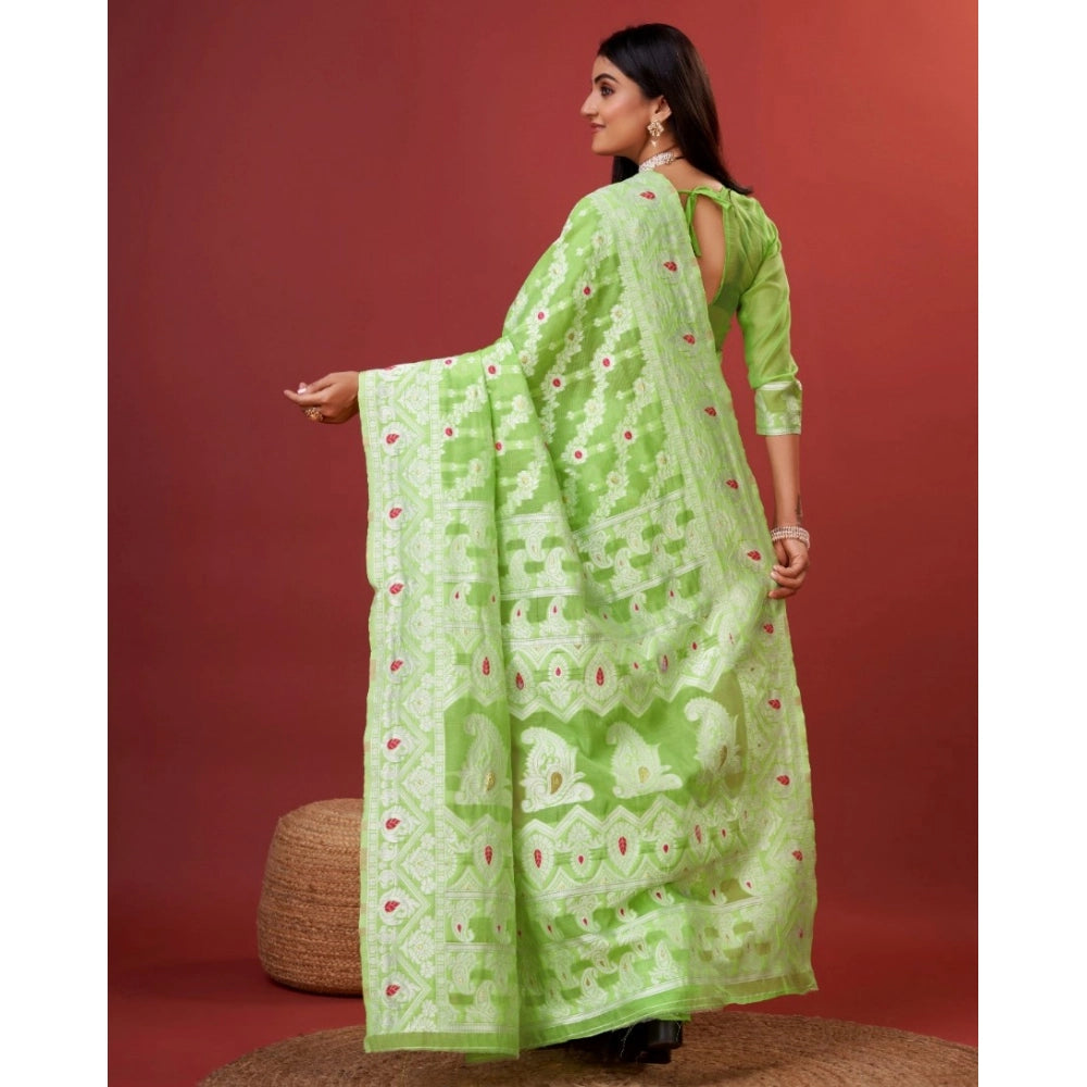 Amfyn Women's Cotton Silk Printed Saree With Unstitched Blouse 5.5Mtr (Light Green)