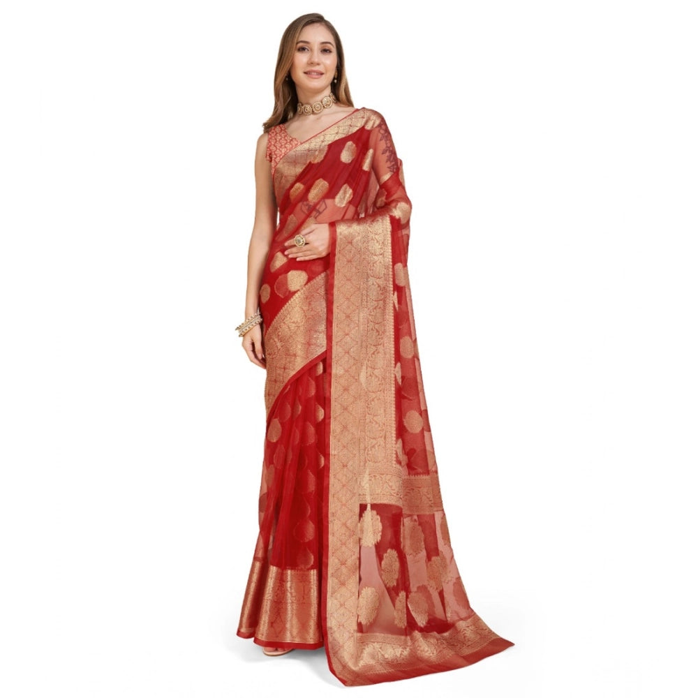 Amfyn Women's Soft Organza Silk Weaving Design Saree With Unstitched Blouse 5.5Mtr (Red)