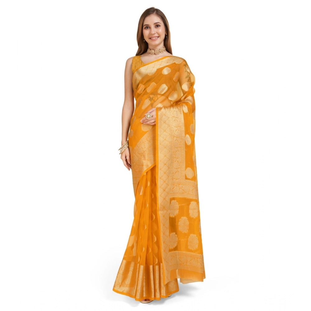 Amfyn Women's Soft Organza Silk Weaving Design Saree With Unstitched Blouse 5.5Mtr (Yellow)