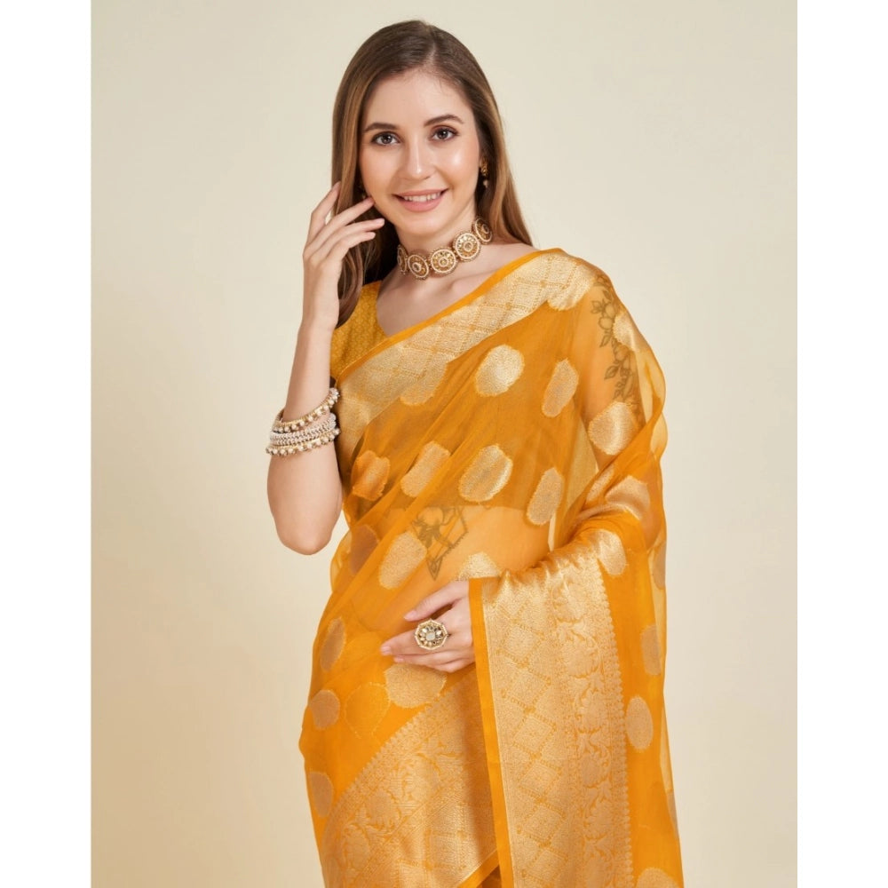 Amfyn Women's Soft Organza Silk Weaving Design Saree With Unstitched Blouse 5.5Mtr (Yellow)