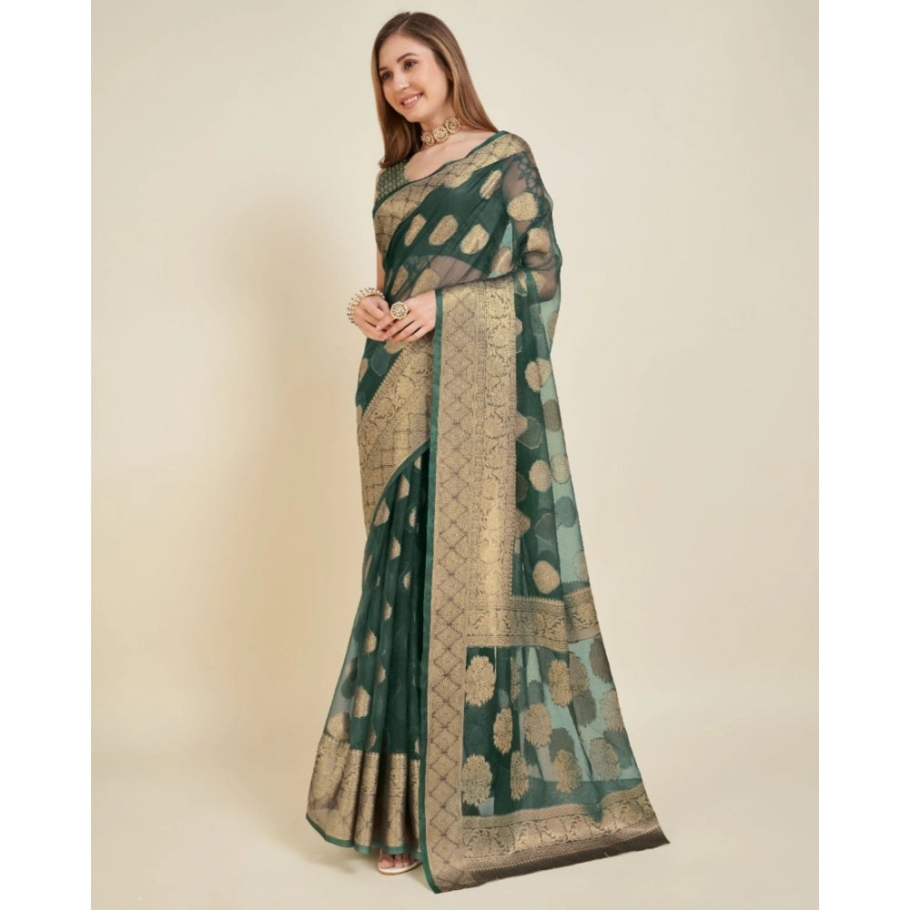 Amfyn Women's Soft Organza Silk Weaving Design Saree With Unstitched Blouse 5.5Mtr (Green)