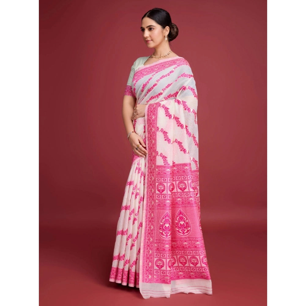 Amfyn Women's Jamdani Cotton Silk Printed Saree With Unstitched Blouse 5.5Mtr (Pink)