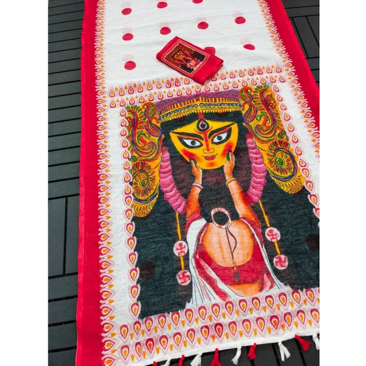 Amfyn Women's linen Digital Print Saree With Unstitched Blouse 5.5Mtr (White)