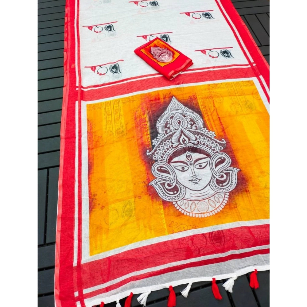 Amfyn Women's linen Digital Print Saree With Unstitched Blouse 5.5Mtr (White)