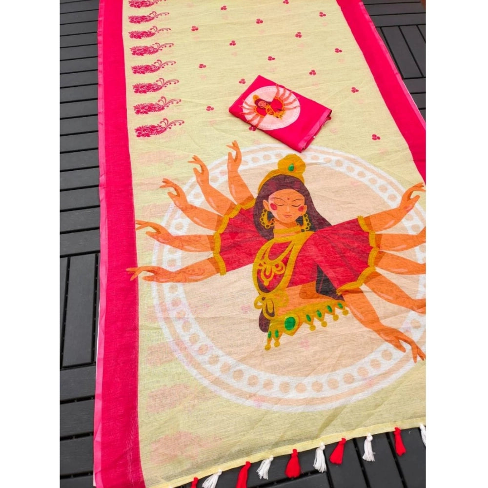 Amfyn Women's linen Digital Print Saree With Unstitched Blouse 5.5Mtr (White)