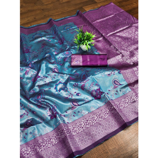 Amfyn Women's Banarasi Jacquard Printed Saree With Unstitched Blouse 5.5Mtr (Blue)