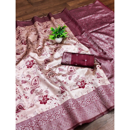 Amfyn Women's Banarasi Jacquard Printed Saree With Unstitched Blouse 5.5Mtr (Wine)
