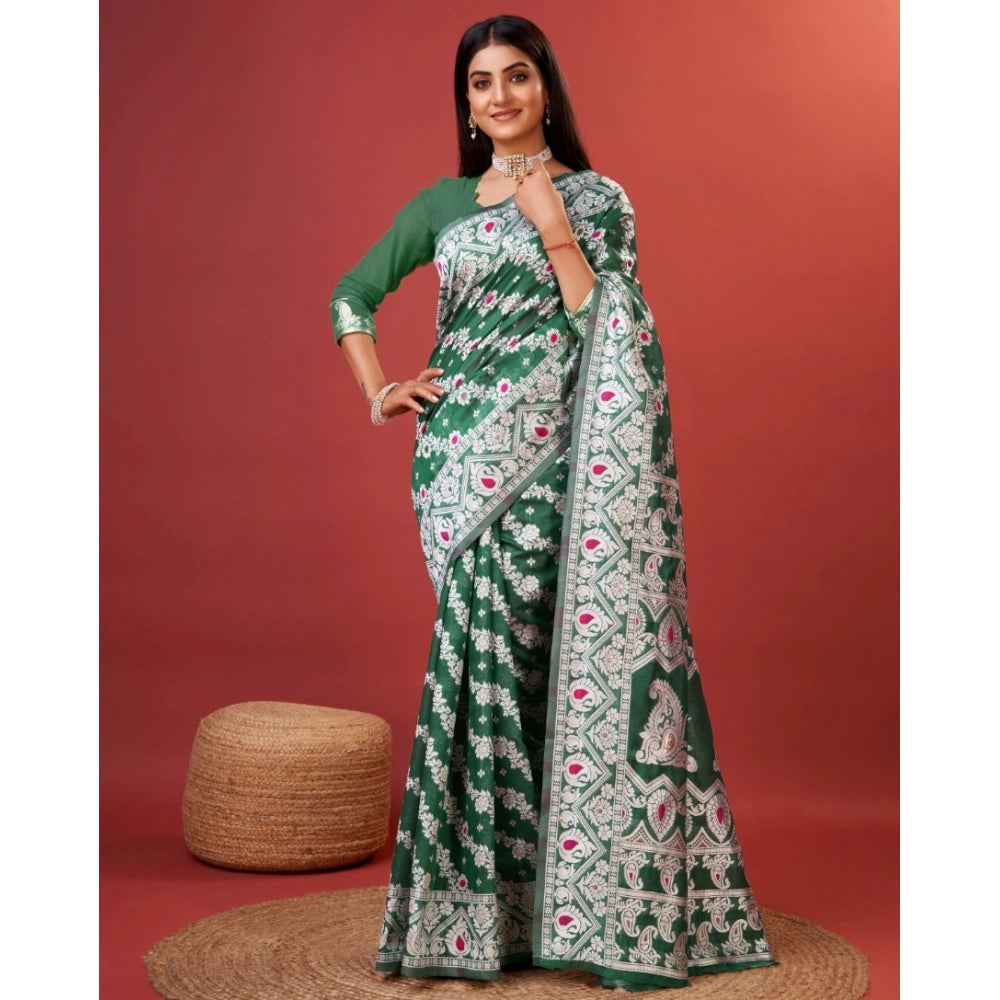 Amfyn Women's Cotton Silk Printed Saree With Unstitched Blouse 5.5Mtr (Green)