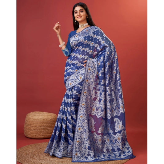 Amfyn Women's Cotton Silk Printed Saree With Unstitched Blouse 5.5Mtr (Blue)