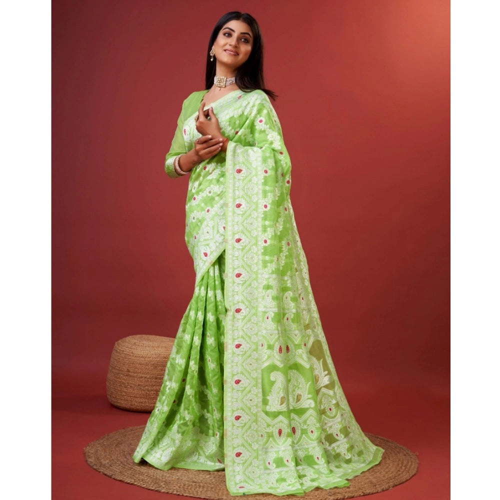 Amfyn Women's Cotton Silk Printed Saree With Unstitched Blouse 5.5Mtr (Light Green)