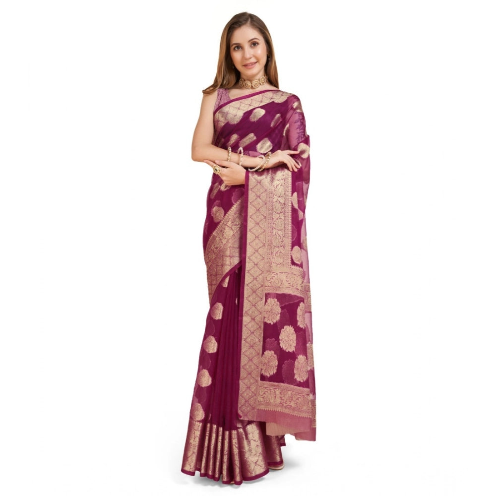 Amfyn Women's Soft Organza Silk Weaving Design Saree With Unstitched Blouse 5.5Mtr (Wine)